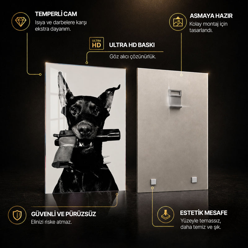 Fashion Yazılı Dobermann ve Leopar Üçlü Cam Tablo