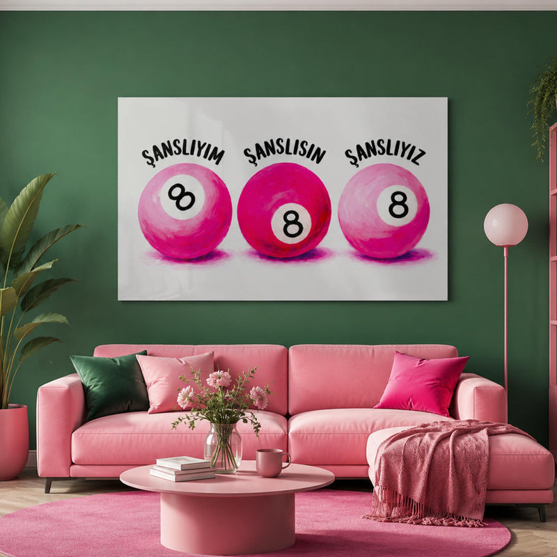 Pembe Bilardo Toplarında Şans Cam Tablo – Cam Tablo