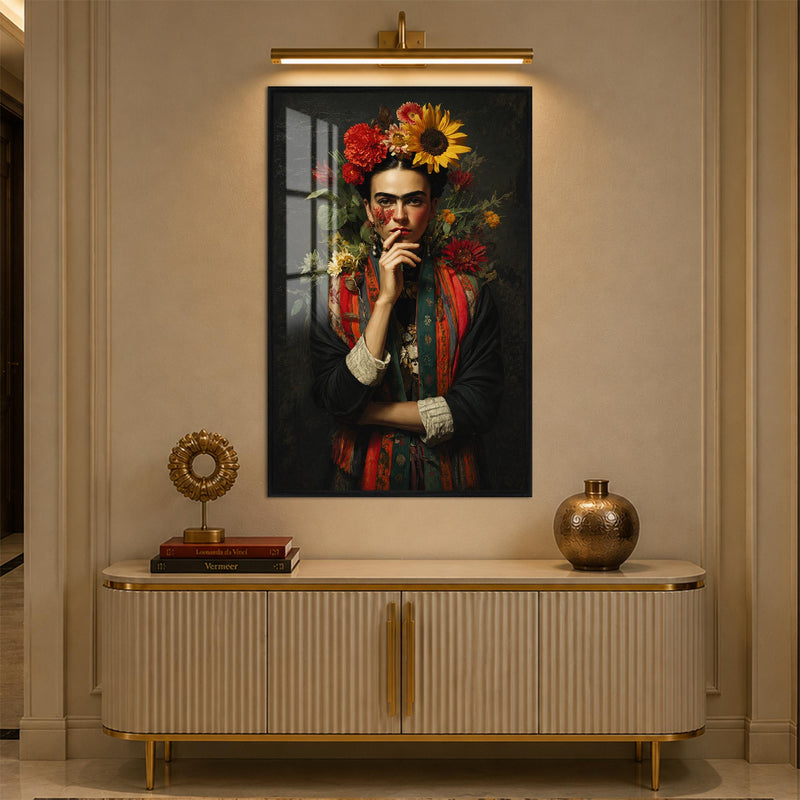 Ayçiçekleriyle Frida Kahlo Portresi Cam Tablo – Siyah Çerçeveli Cam Tablo