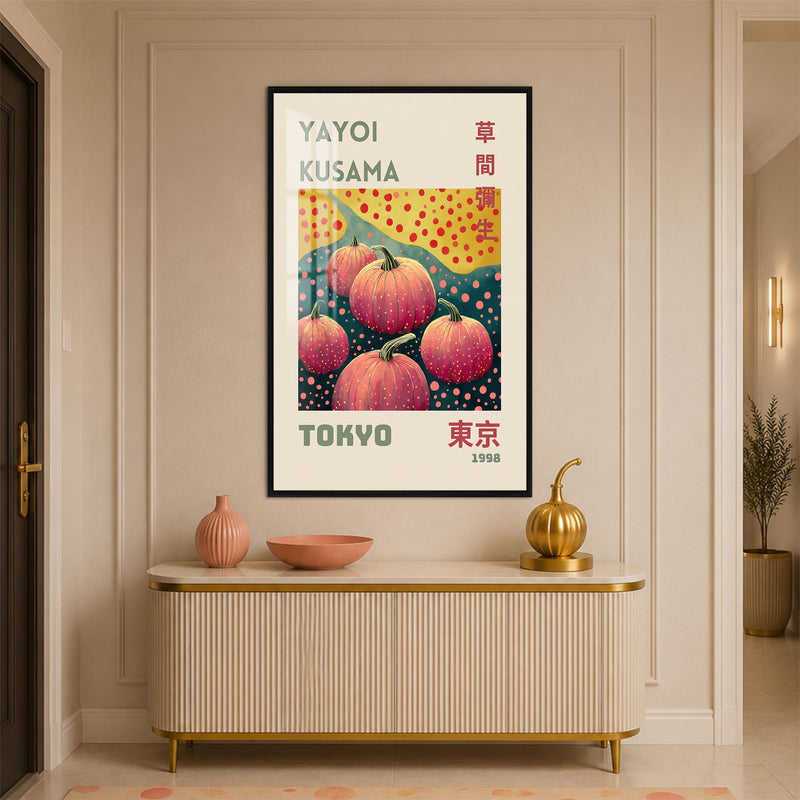 Pembe Noktalı Kabak Bahçesi Cam Tablo – Siyah Çerçeveli Cam Tablo