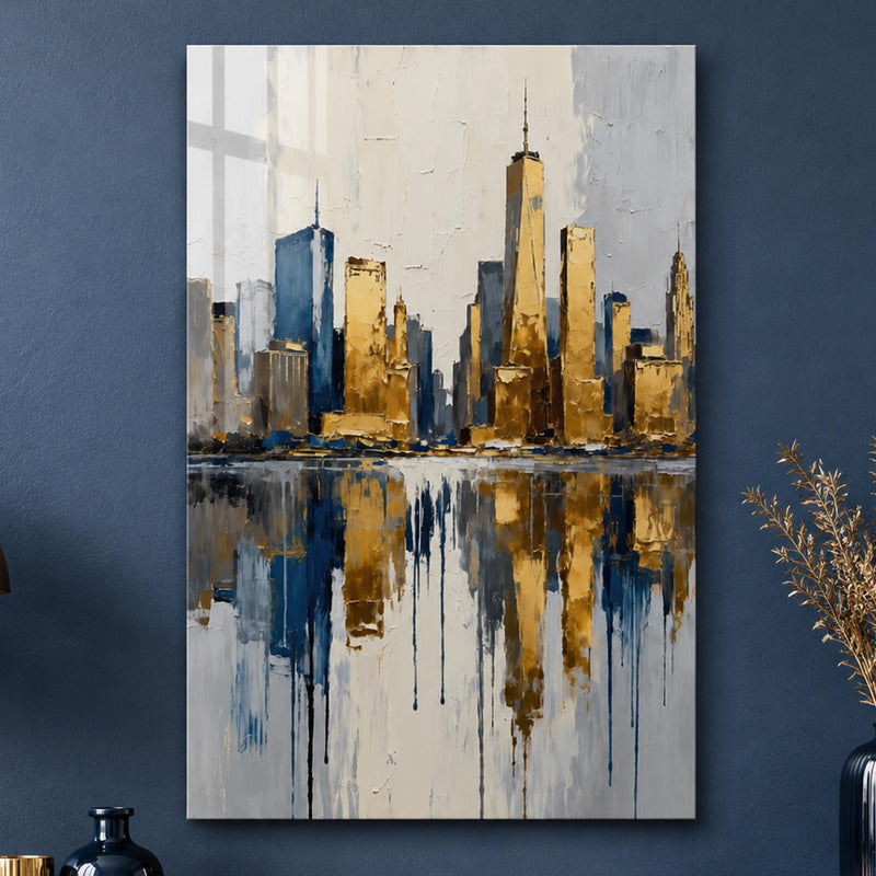 Altın Lacivert New York Skyline Cam Tablo – Cam Tablo