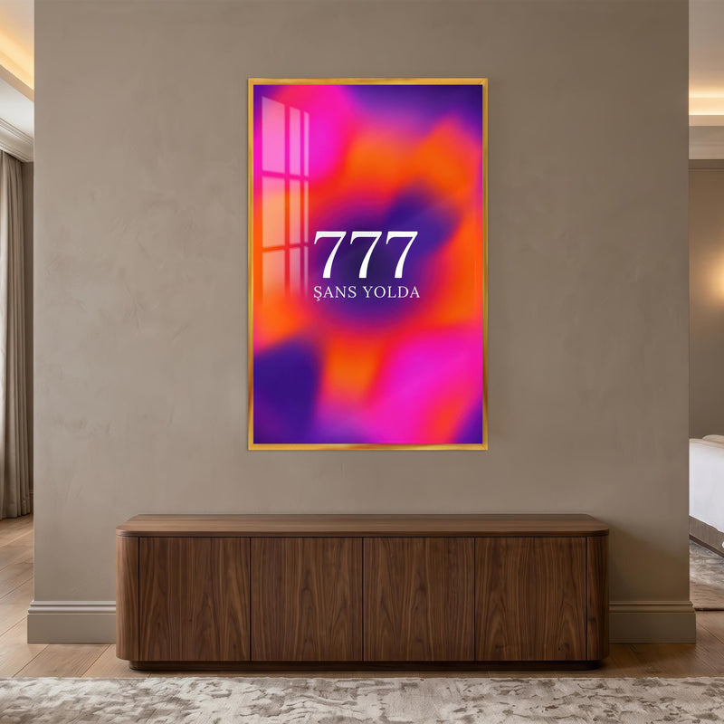 Neon Bulutlarda 777 Cam Tablo – Altın Çerçeveli Cam Tablo