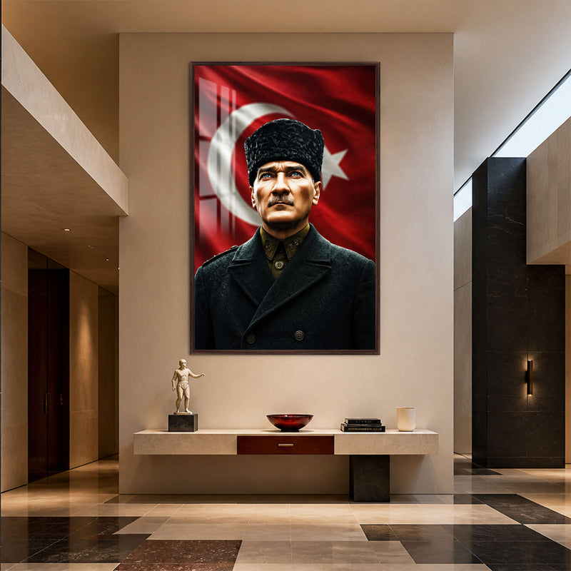 Kalpaklı Atatürk Cam Tablo – Ceviz Çerçeveli