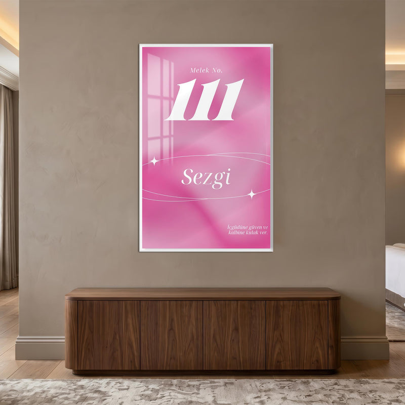 Pembe 111 Sezgi Mesajı Cam Tablo – Gümüş Çerçeveli Cam Tablo