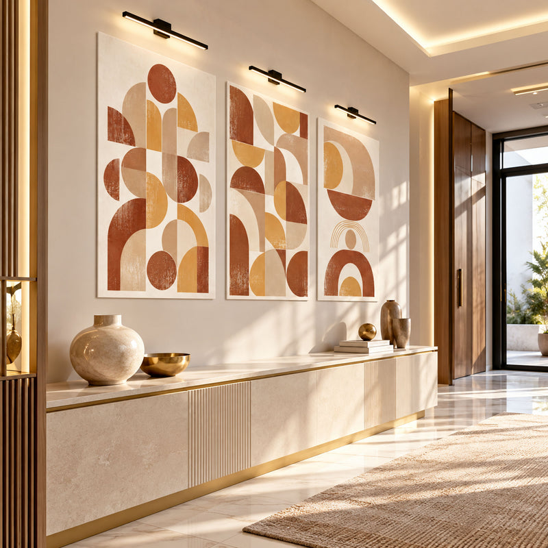 Terrakota Hardal Bauhaus Yarım Daire Üçlü Cam Tablo