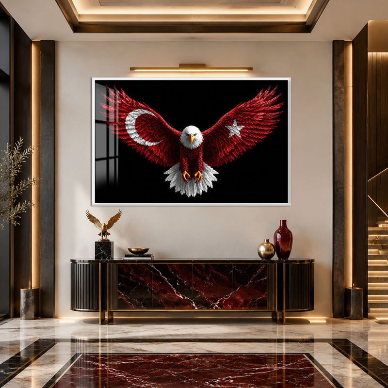 Türk Bayraklı Kartal Cam Tablo – Beyaz Çerçeveli Cam Tablo