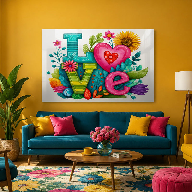 LOVE Çiçek Kalp Cam Tablo – Cam Tablo