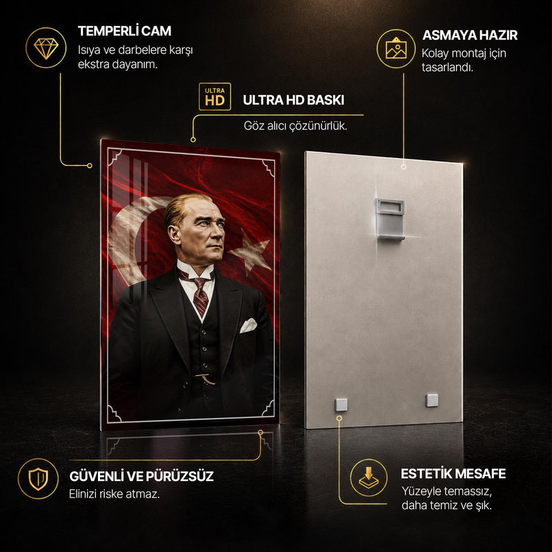 Atatürk Köşesi Üçlü Cam Tablo Seti — Kızıl Bayraklı