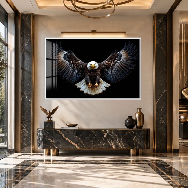 Kanat Açmış Kel Kartal Cam Tablo – Beyaz Çerçeveli Cam Tablo