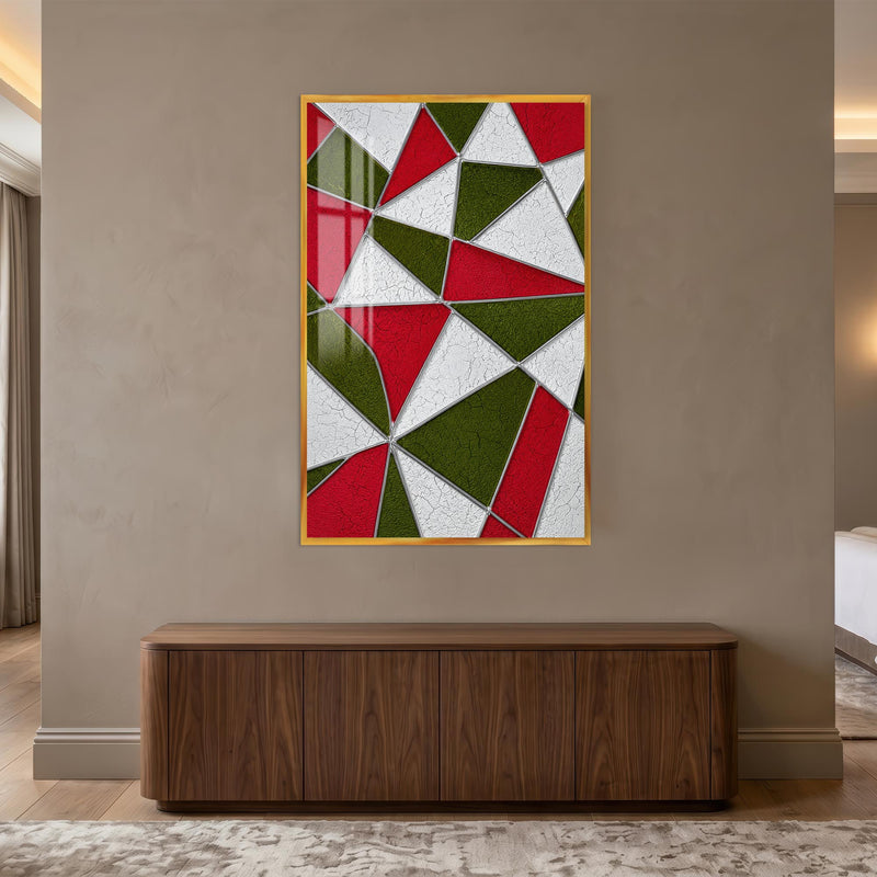Vitray Geometrik Üçgen Cam Tablo – Altın Çerçeveli Cam Tablo