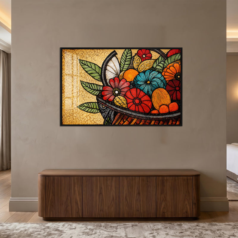 Folk Sanat Çiçek Sepeti Cam Tablo – Siyah Çerçeveli Cam Tablo