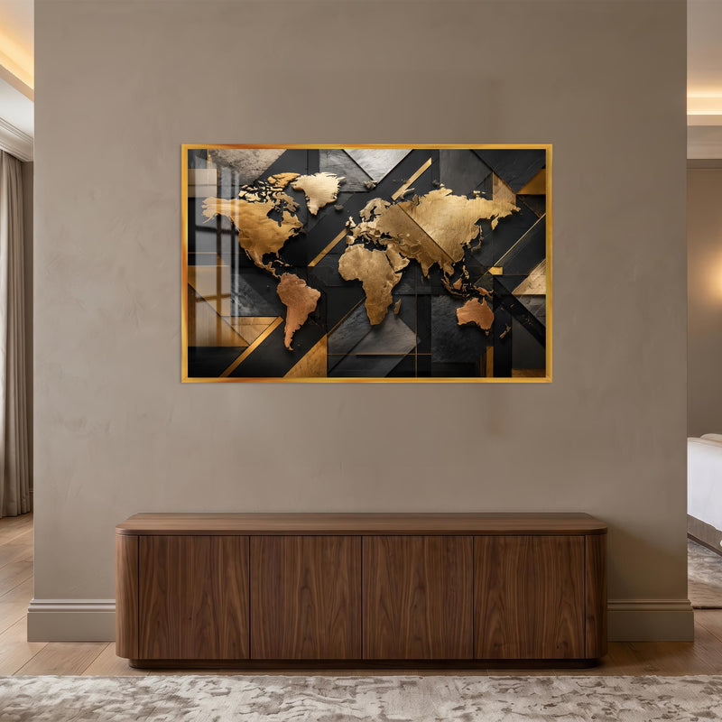 Altın Geometrik Art Deco Dünya Haritası Cam Tablo – Altın Çerçeveli