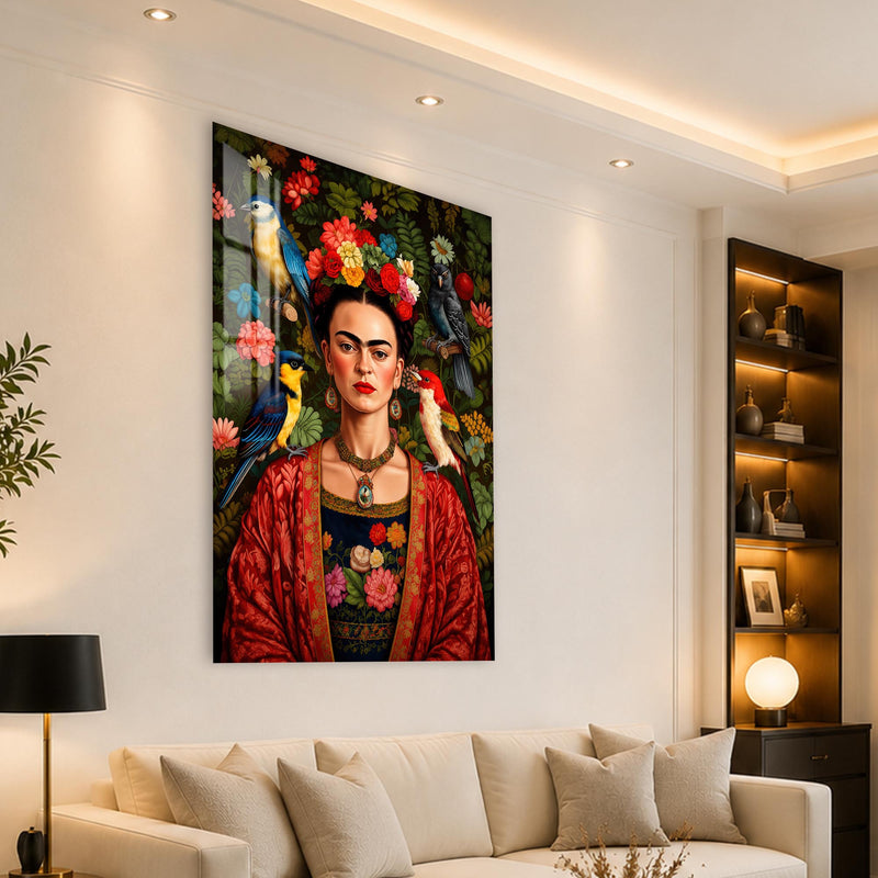 Kuşlar ve Çiçeklerle Frida Kahlo Cam Tablo – Cam Tablo