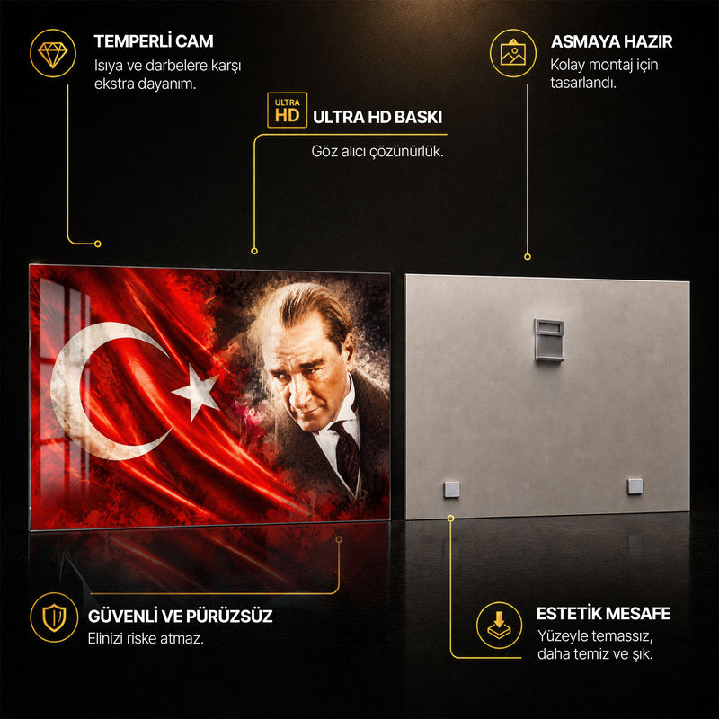 Kızıl Bayrakta Atatürk Cam Tablo