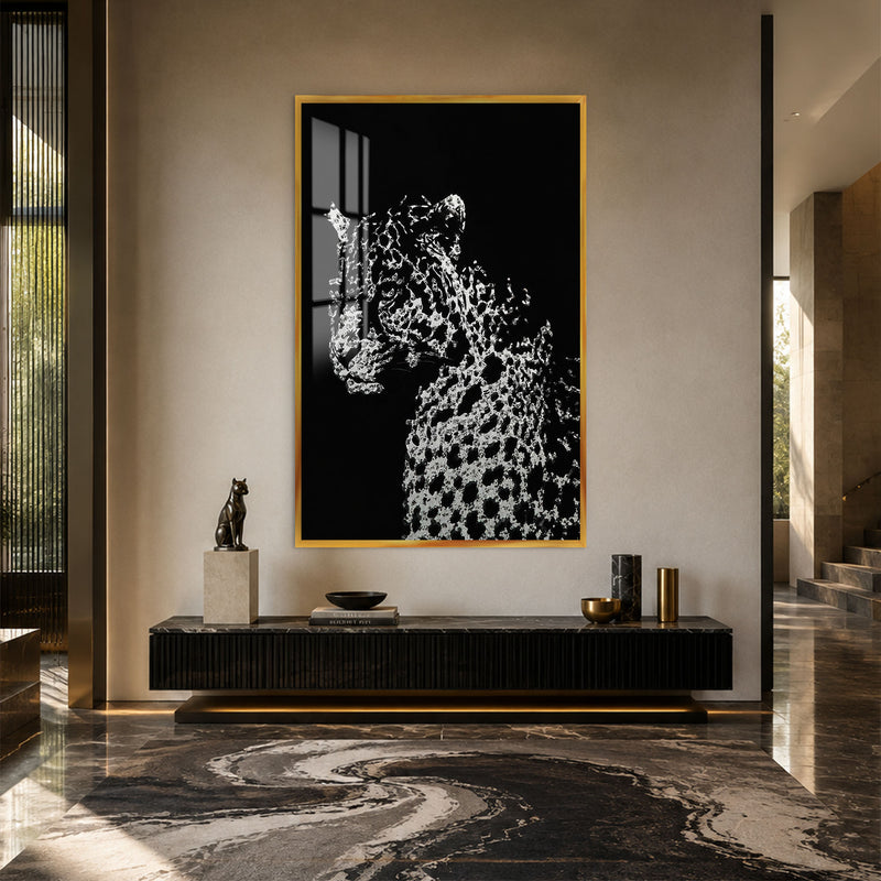 Kristal Benekli Leopar Cam Tablo – Altın Çerçeveli Cam Tablo