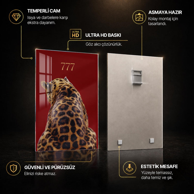 Kırmızı Zeminde 777 Leopar Cam Tablo – Cam Tablo