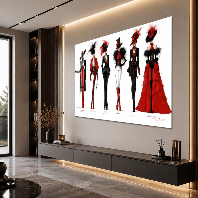 Siyah ve Kırmızı Couture Elbise Eskizi Cam Tablo – Cam Tablo