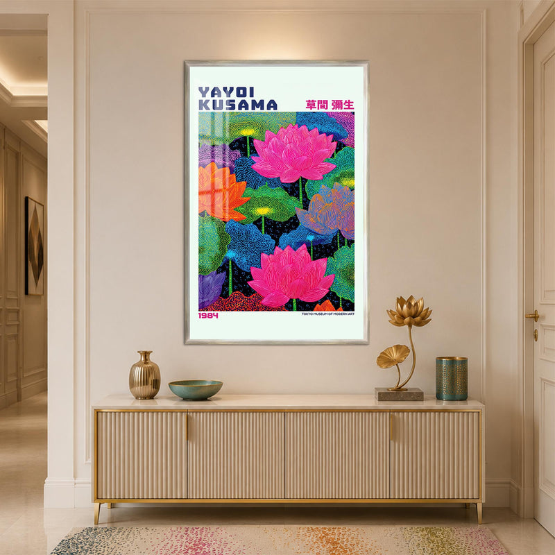 Pembe Lotuslarla Renkli Gölet Cam Tablo – Gümüş Çerçeveli Cam Tablo