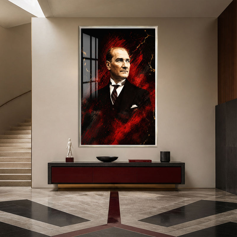 Kızıl Zeminde Atatürk Cam Tablo – Gümüş Çerçeveli