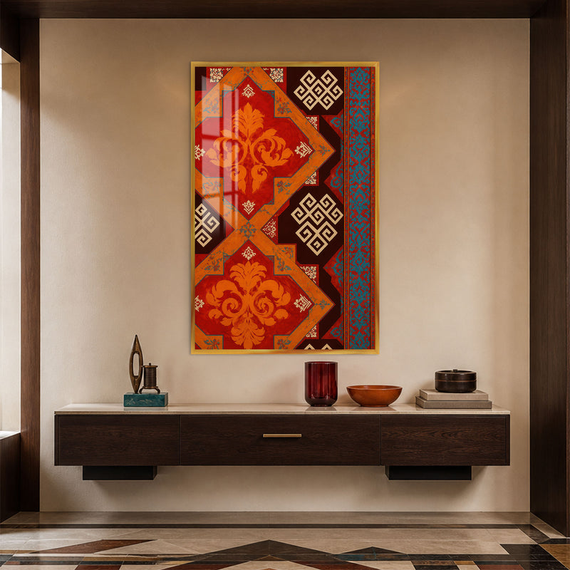 Kızıl Kilim Deseni Cam Tablo – Altın Çerçeveli Cam Tablo
