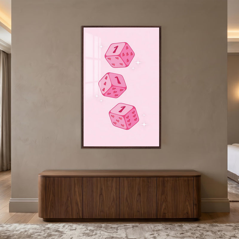 Pembe Şans Zarları Cam Tablo – Ceviz Çerçeveli Cam Tablo