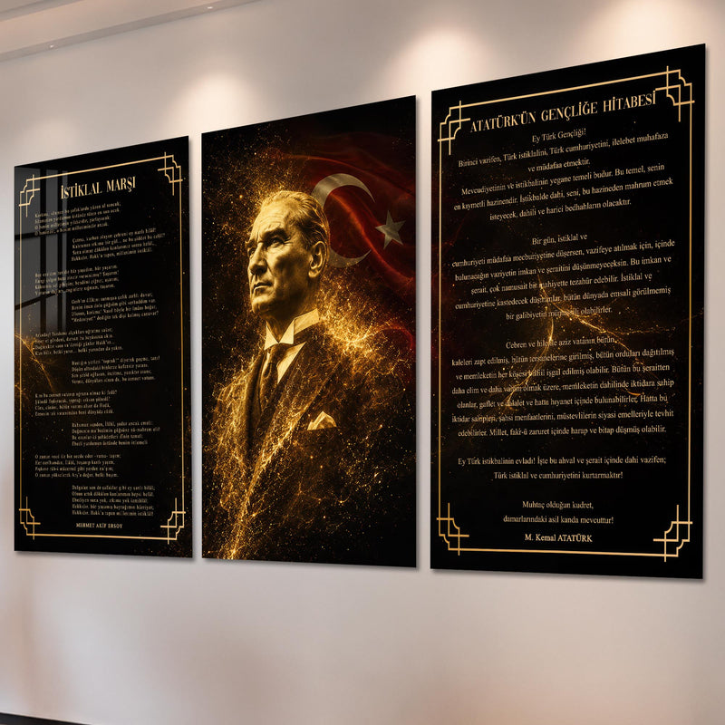 Atatürk Köşesi Üçlü Cam Tablo Seti — Altın Parçacıklı Bayraklı