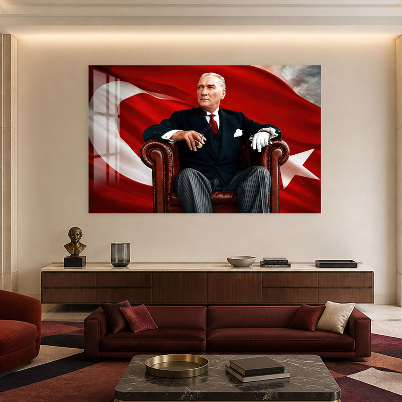Deri Koltukta Atatürk Cam Tablo