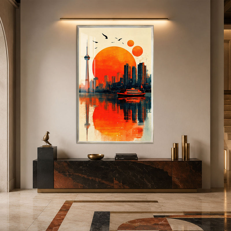 Kızıl Güneşte Şehir Silueti Cam Tablo – Gümüş Çerçeveli Cam Tablo
