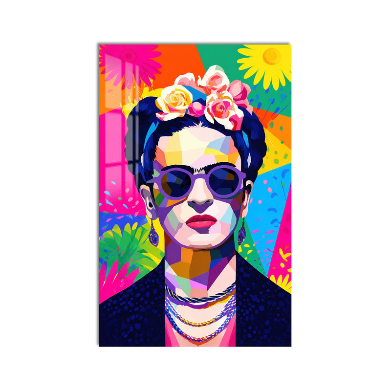 Renkli Gözlüklü Frida Kahlo Pop Art Cam Tablo – Cam Tablo