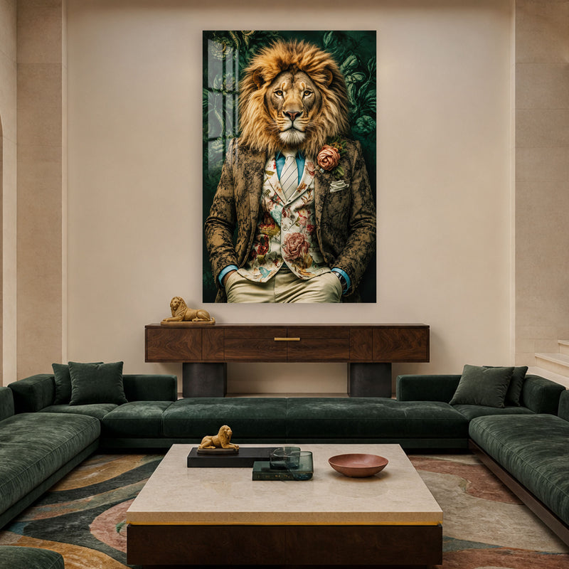 Çiçekli Ceketli Aslan Cam Tablo – Cam Tablo