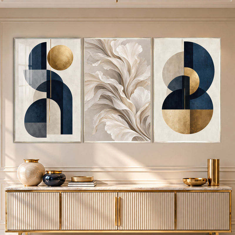 Lacivert Altın Mid-Century Tüy Üçlü Cam Tablo – Gümüş Çerçeveli