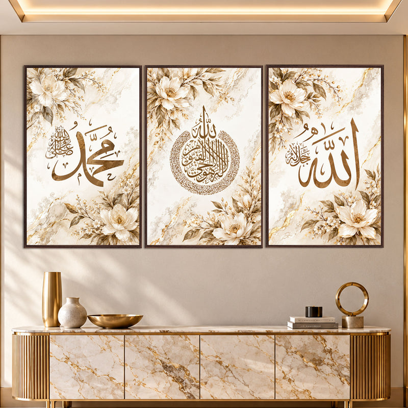 Allah Muhammed Beyaz Çiçek Hat Üçlü Cam Tablo – Ceviz Çerçeveli