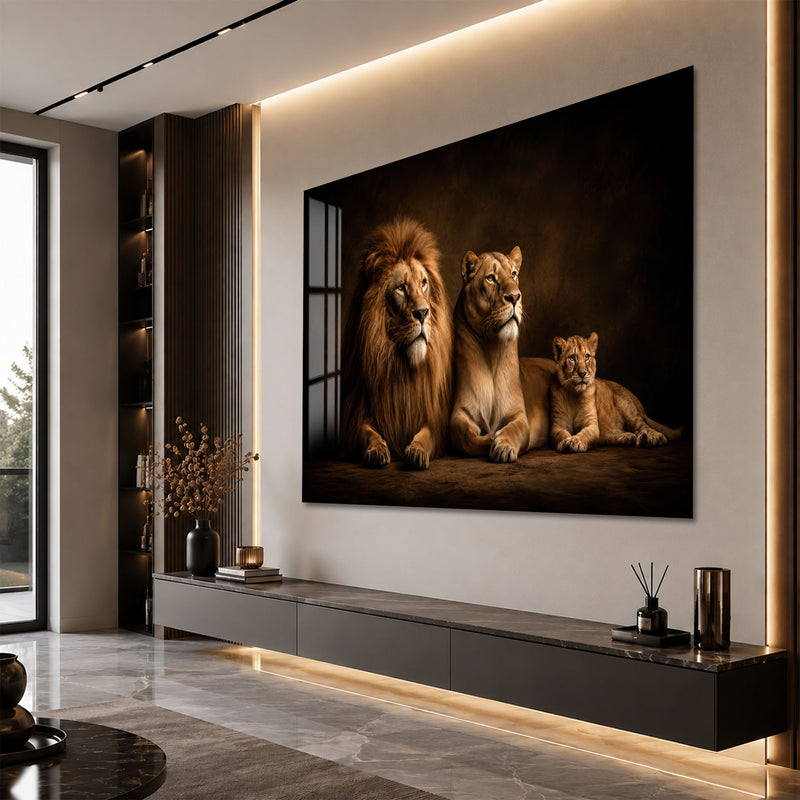 Karanlıkta Aslan Ailesi Cam Tablo – Cam Tablo
