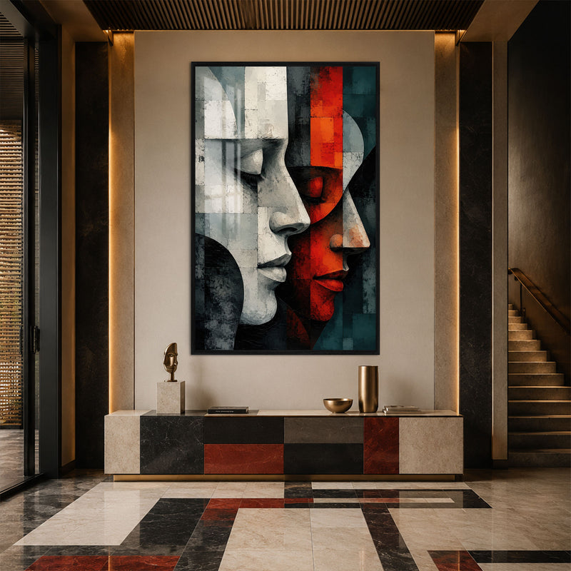 Gri ve Kırmızı İki Profil Cam Tablo – Siyah Çerçeveli Cam Tablo