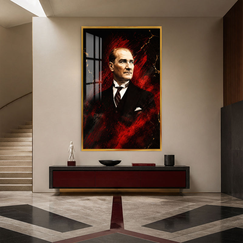 Kızıl Zeminde Atatürk Cam Tablo – Altın Çerçeveli