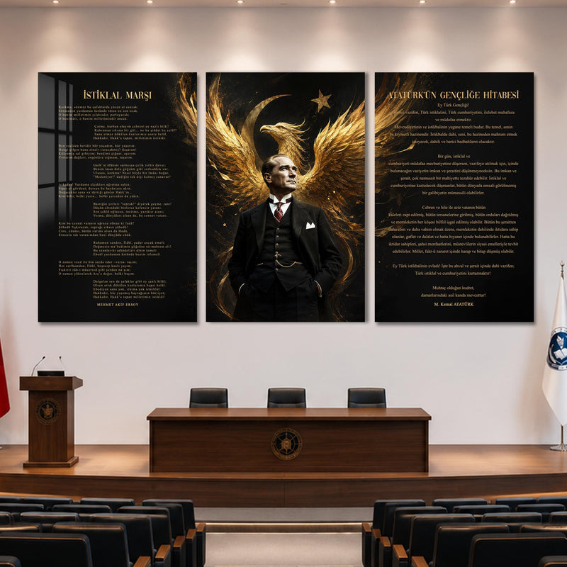 Atatürk Köşesi Üçlü Cam Tablo Seti — Kartal Kanatlı Altın