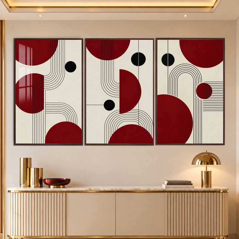 Kırmızı Siyah Mid-Century Daire Üçlü Cam Tablo – Ceviz Çerçeveli