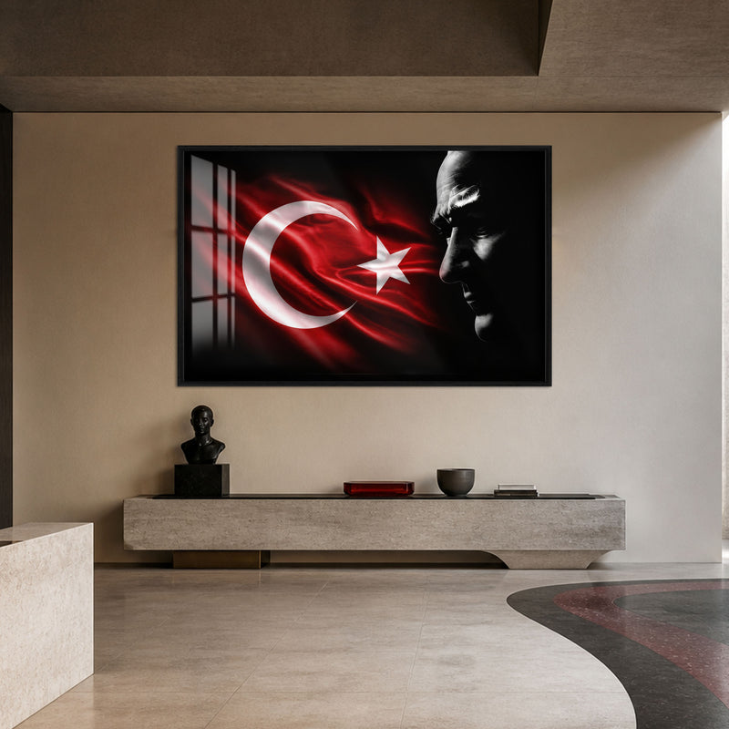 Bayrak ve Profil Atatürk Cam Tablo – Siyah Çerçeveli