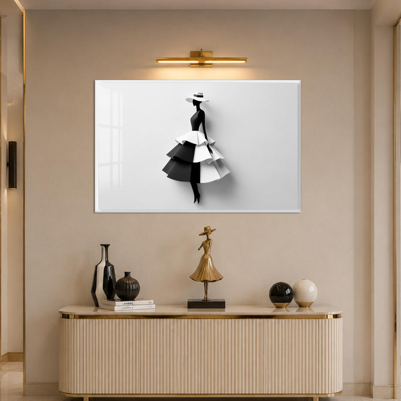 Katmanlı Siyah Beyaz Minimalist Moda Silüeti Cam Tablo – Beyaz Çerçeveli Cam Tablo