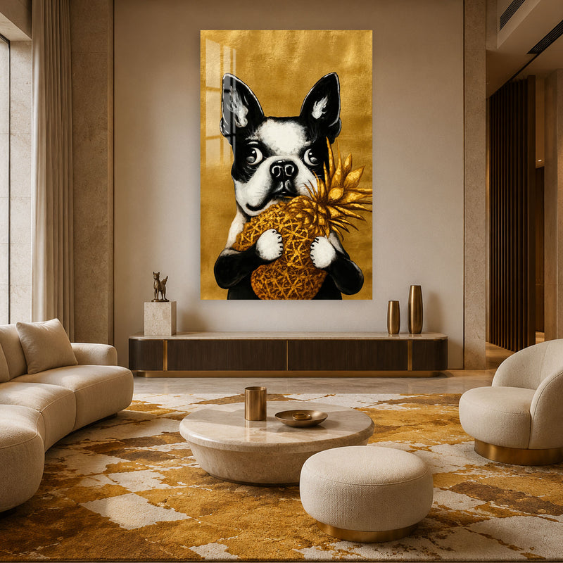 Ananaslı Boston Terrier Cam Tablo – Cam Tablo