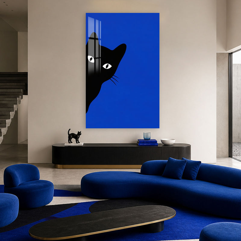 Mavi Fonda Siyah Kedi Cam Tablo – Cam Tablo