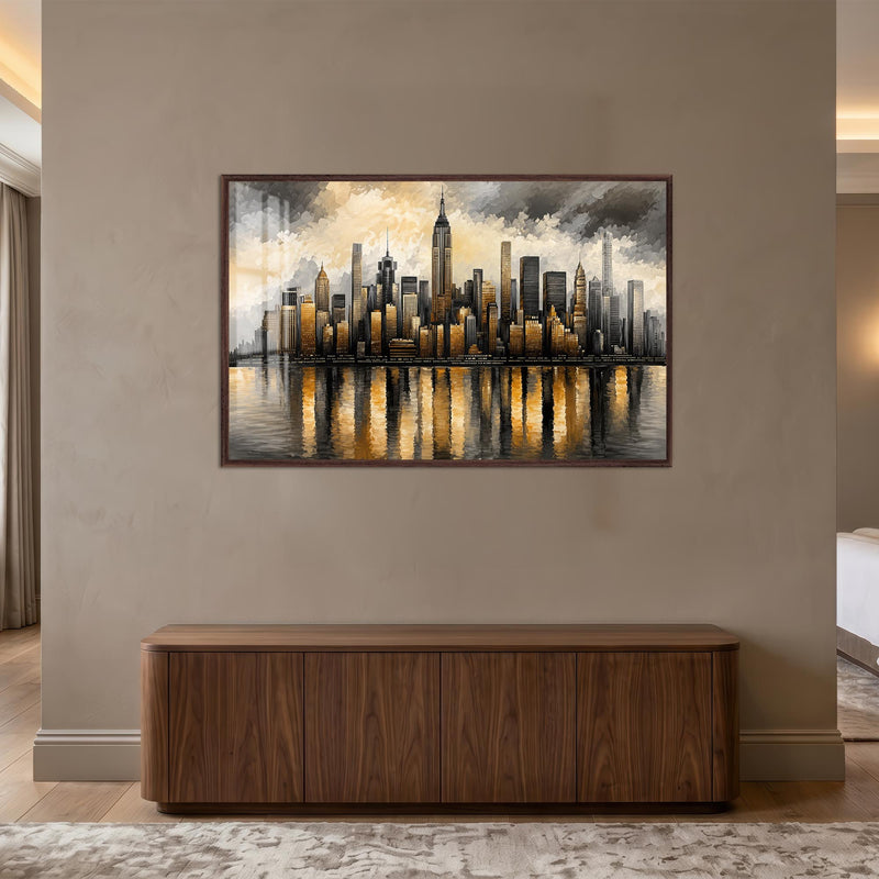 New York Gece Empire State Altın Cam Tablo – Ceviz Cerceveli Cam Tablo