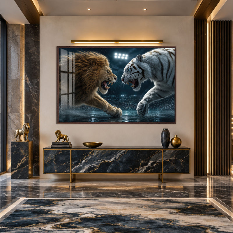 Aslan ve Kaplan Karşı Karşıya Cam Tablo – Ceviz Çerçeveli Cam Tablo