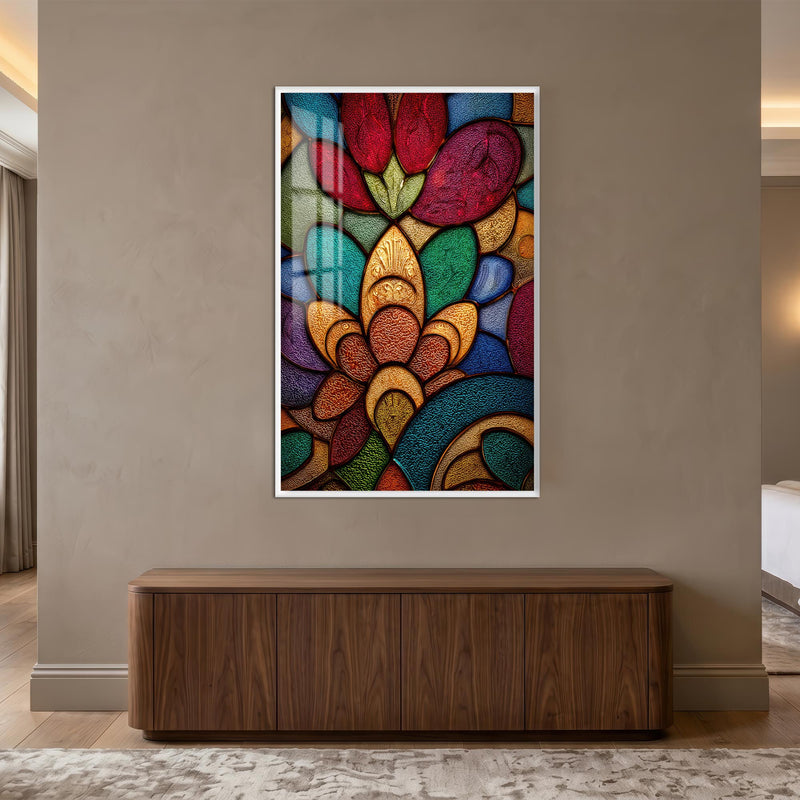 Vitray Renkli Çiçek Cam Tablo – Beyaz Çerçeveli Cam Tablo