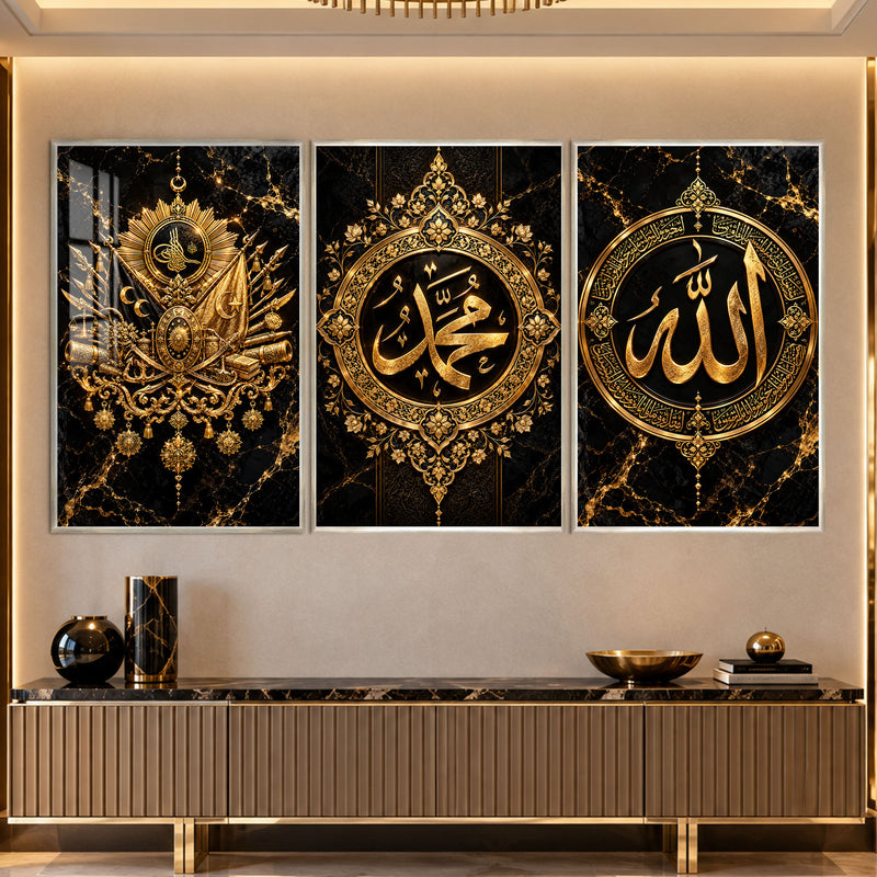Altın Allah Muhammed Hat Üçlüsü Üçlü Cam Tablo – Gümüş Çerçeveli