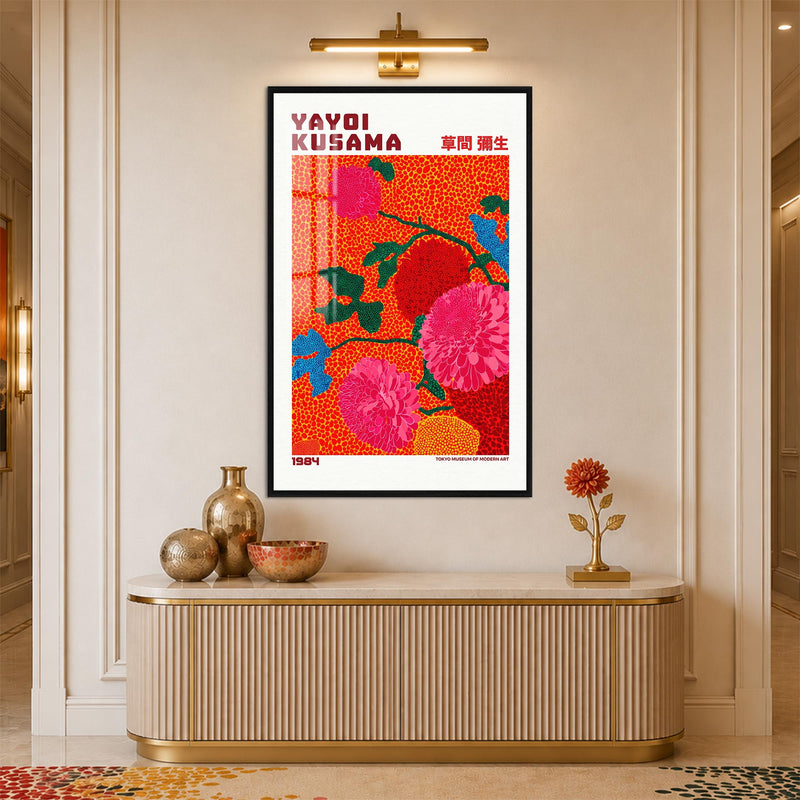 Turuncu Zeminde Pembe Çiçekler Cam Tablo – Siyah Çerçeveli Cam Tablo