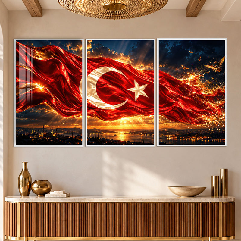 Alevli Türk Bayrağı Gün Batımı Üçlü Cam Tablo – Beyaz Çerçeveli