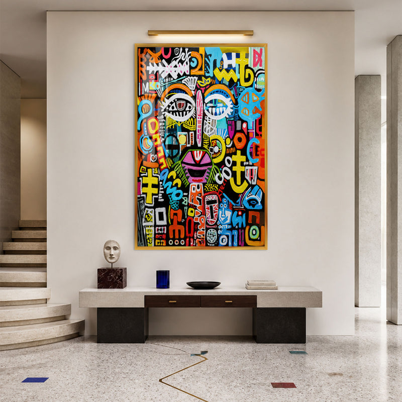 Renkli Grafiti Yüzler Cam Tablo – Altın Çerçeveli Cam Tablo