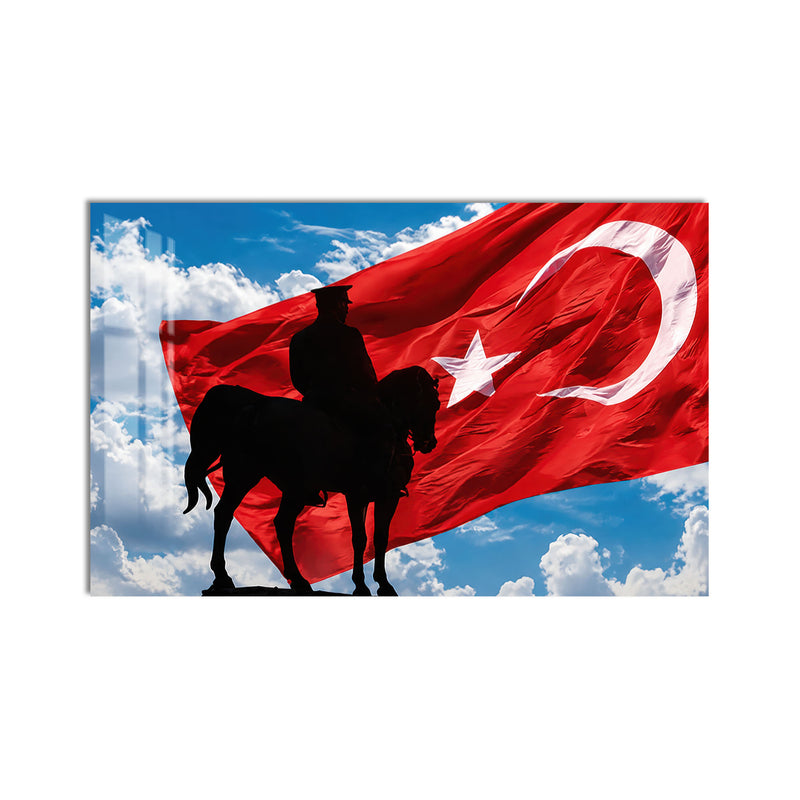 Bayrakta Atlı Atatürk Cam Tablo