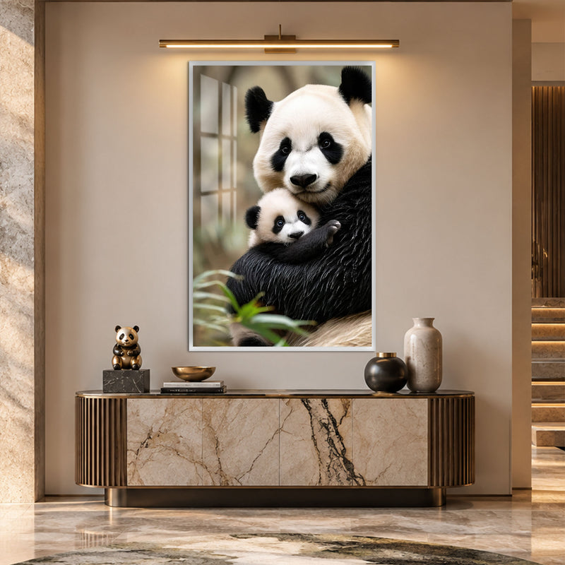 Anne Panda ve Yavrusu Cam Tablo – Beyaz Çerçeveli Cam Tablo